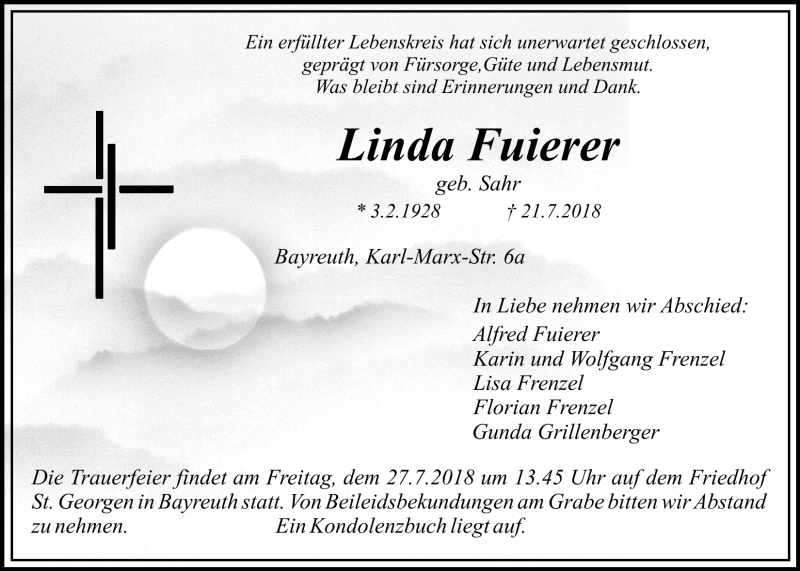  Traueranzeige für Linda Fuierer vom 25.07.2018 aus Nordbayerischer Kurier