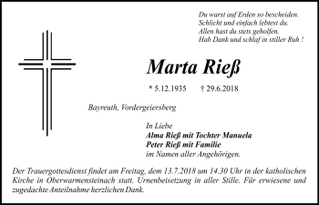 Anzeige von Marta Rieß von Nordbayerischer Kurier