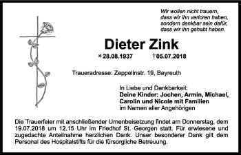 Anzeige von Dieter Zink von Nordbayerischer Kurier