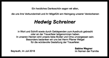 Anzeige von Hedwig Schreiner von Nordbayerischer Kurier