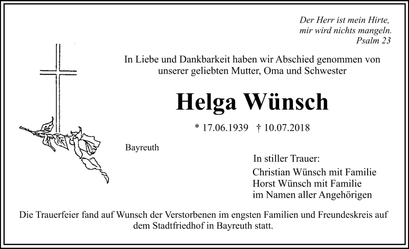  Traueranzeige für Helga Wünsch vom 21.07.2018 aus Nordbayerischer Kurier
