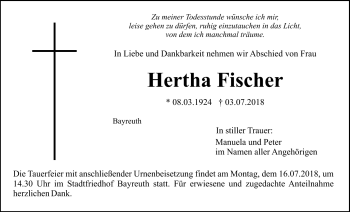 Anzeige von Hertha Fischer von Nordbayerischer Kurier