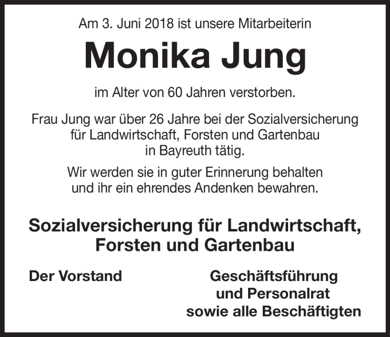  Traueranzeige für Monika Jung vom 13.07.2018 aus Nordbayerischer Kurier