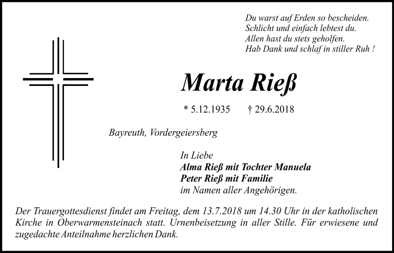  Traueranzeige für Marta Rieß vom 07.07.2018 aus Nordbayerischer Kurier