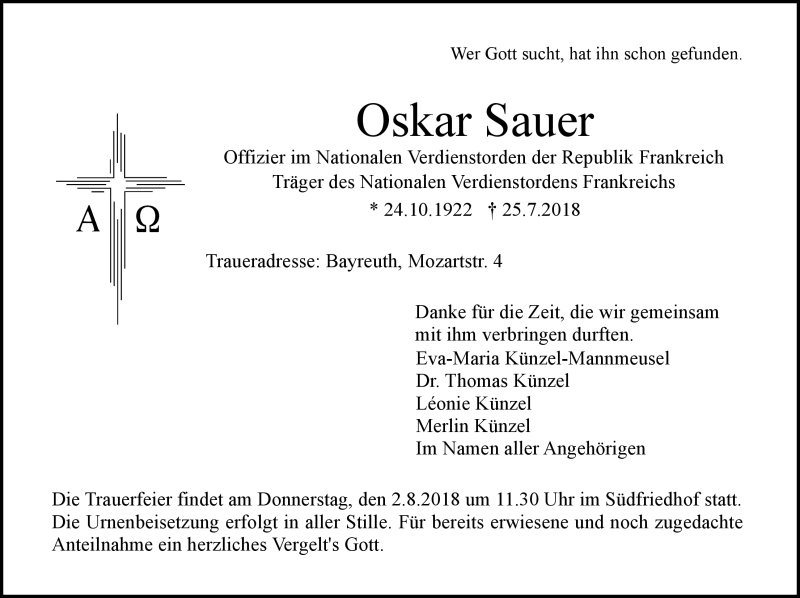  Traueranzeige für Oskar Sauer vom 28.07.2018 aus Nordbayerischer Kurier