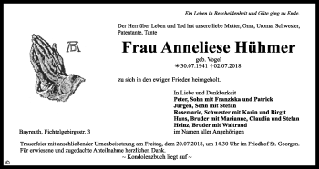 Anzeige von Anneliese Hühmer von Nordbayerischer Kurier