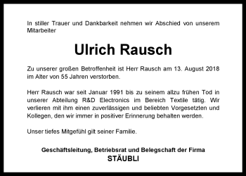 Anzeige von Ulrich Rausch von Nordbayerischer Kurier