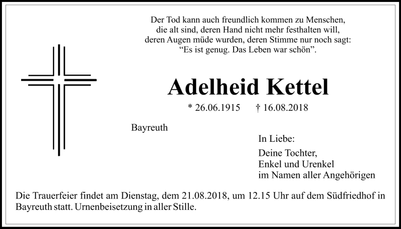  Traueranzeige für Adelheid Kettel vom 18.08.2018 aus Nordbayerischer Kurier