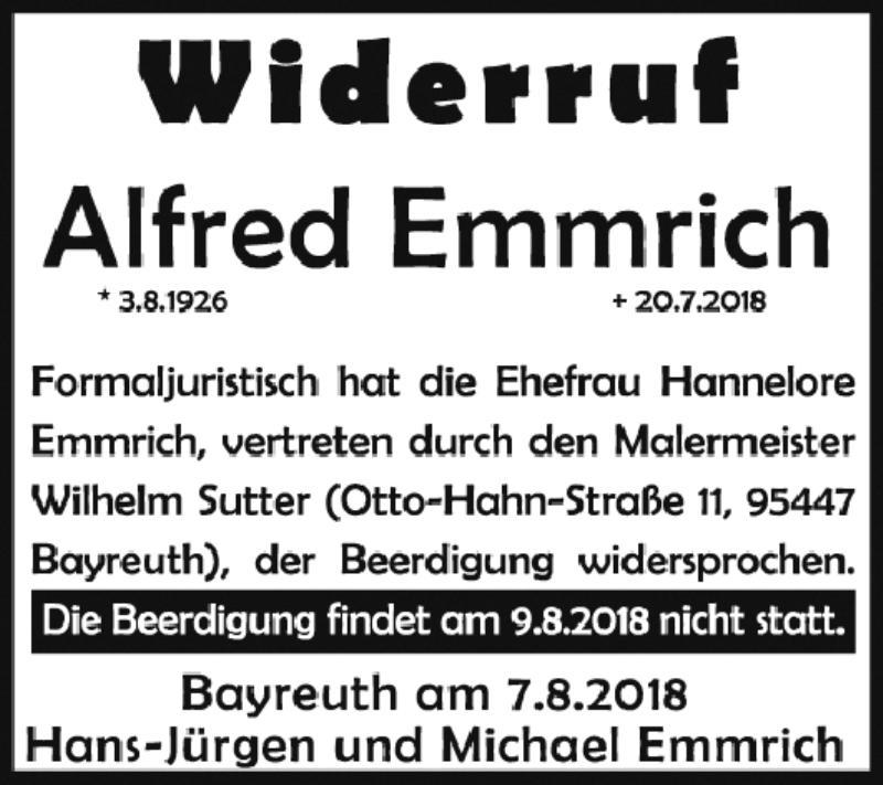  Traueranzeige für Alfred Emmrich vom 08.08.2018 aus Nordbayerischer Kurier