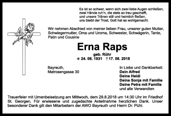 Anzeige von Erna Raps von Nordbayerischer Kurier