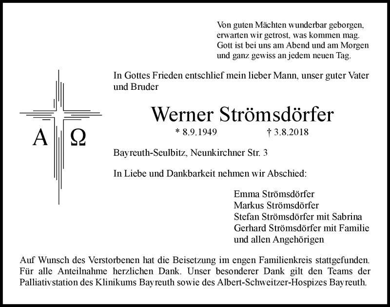  Traueranzeige für Werner Strömsdörfer vom 18.08.2018 aus Nordbayerischer Kurier