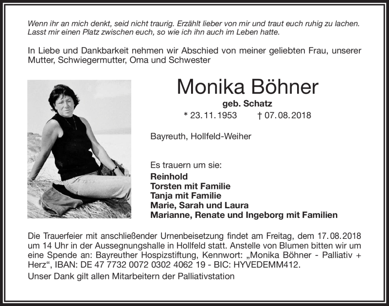  Traueranzeige für Monika Böhner vom 11.08.2018 aus Nordbayerischer Kurier