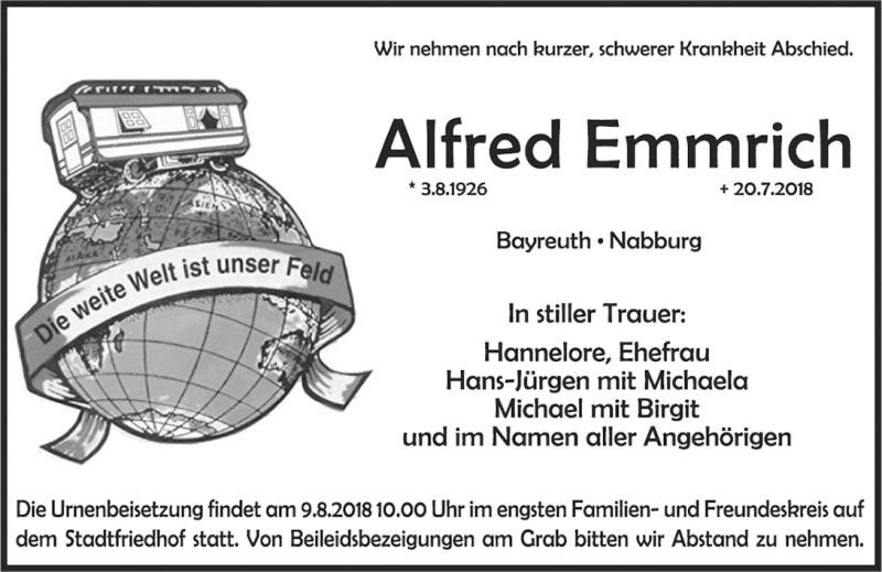  Traueranzeige für Alfred Emmrich vom 04.08.2018 aus Nordbayerischer Kurier
