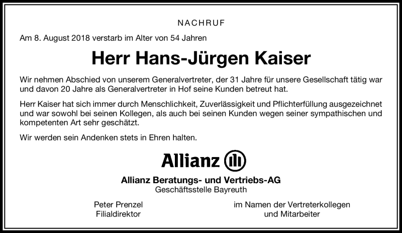  Traueranzeige für Hans-Jürgen Kaiser vom 15.08.2018 aus Nordbayerischer Kurier
