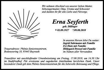 Anzeige von Erna Seyferth von Nordbayerischer Kurier