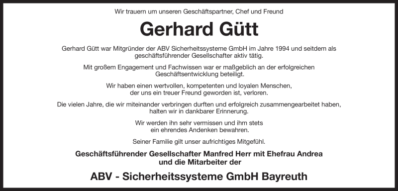  Traueranzeige für Gerhard Gütt vom 12.09.2018 aus Nordbayerischer Kurier