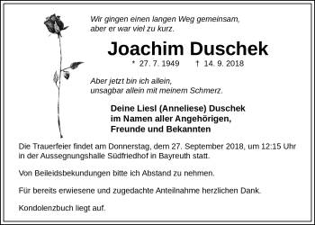 Anzeige von Joachim Duschek von Nordbayerischer Kurier