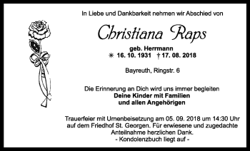 Anzeige von Christiana Raps von Nordbayerischer Kurier
