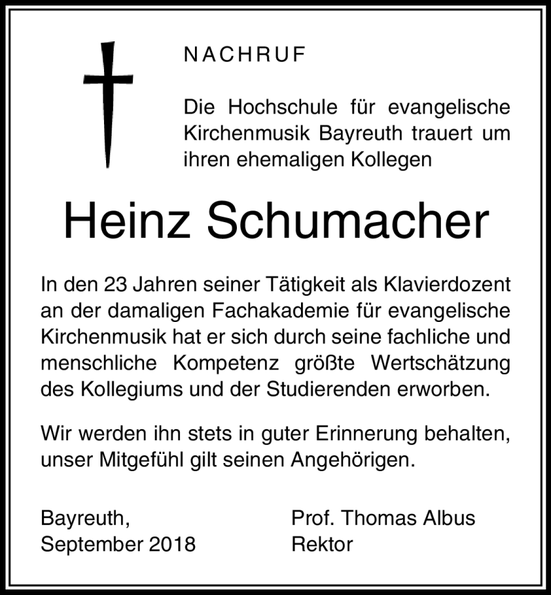  Traueranzeige für Heinz Schumacher vom 28.09.2018 aus Nordbayerischer Kurier