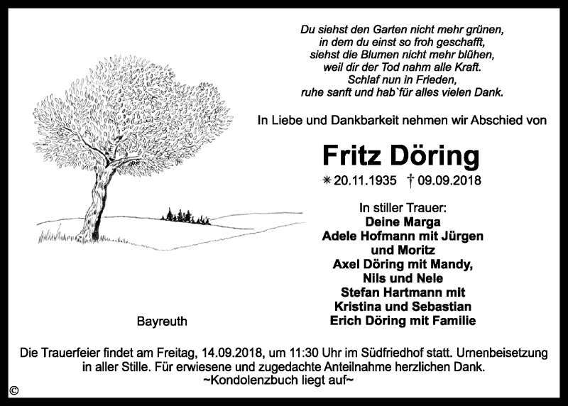  Traueranzeige für Fritz Döring vom 12.09.2018 aus Nordbayerischer Kurier