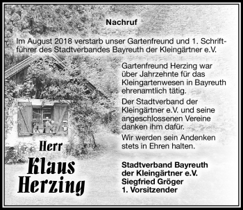 Anzeige von Klaus Herzing von Nordbayerischer Kurier