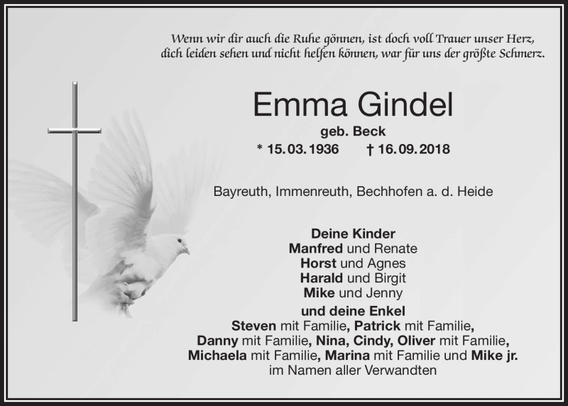  Traueranzeige für Emma Gindel vom 19.09.2018 aus Nordbayerischer Kurier