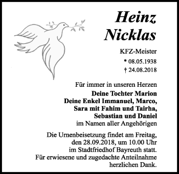 Anzeige von Heinz Nicklas von Nordbayerischer Kurier