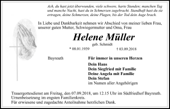Anzeige von Helene Müller von Nordbayerischer Kurier