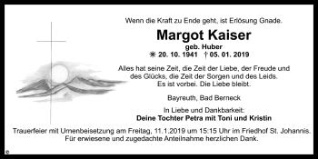 Anzeige von Margot Kaiser von Nordbayerischer Kurier