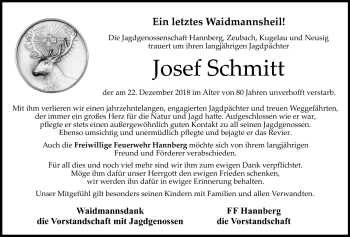 Anzeige von Josef Schmitt von Nordbayerischer Kurier