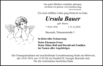 Anzeige von Ursula Bauer von Nordbayerischer Kurier