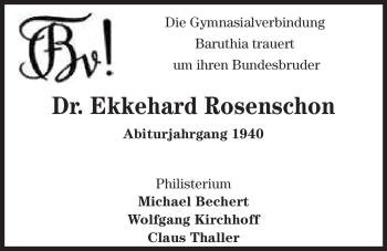 Anzeige von Ekkehard Rosenschon von Nordbayerischer Kurier