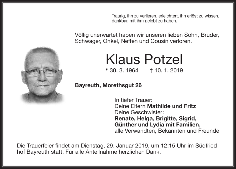  Traueranzeige für Klaus Potzel vom 22.01.2019 aus Nordbayerischer Kurier