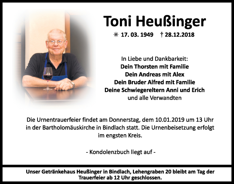  Traueranzeige für Toni Heußinger vom 05.01.2019 aus Nordbayerischer Kurier