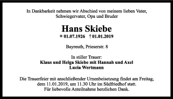 Anzeige von Hans Skiebe von Nordbayerischer Kurier