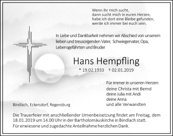 Anzeige von Hans Hempfling von Nordbayerischer Kurier