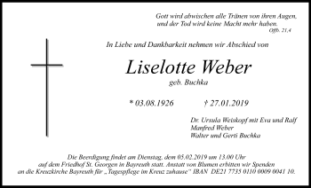 Anzeige von Liselotte Weber von Nordbayerischer Kurier