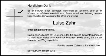 Anzeige von Luise Zahn von Nordbayerischer Kurier