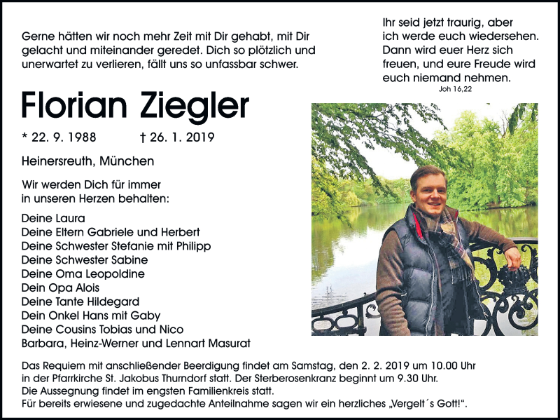  Traueranzeige für Florian Ziegler vom 30.01.2019 aus Nordbayerischer Kurier