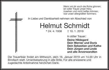 Anzeige von Helmut Schmidt von Nordbayerischer Kurier