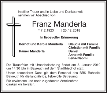 Anzeige von Franz Manderla von Nordbayerischer Kurier