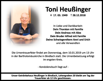 Anzeige von Toni Heußinger von Nordbayerischer Kurier