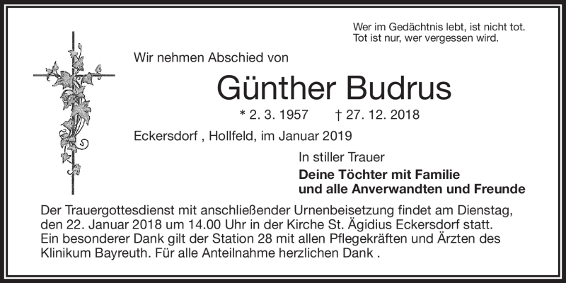  Traueranzeige für Günter Budrus vom 19.01.2019 aus Nordbayerischer Kurier