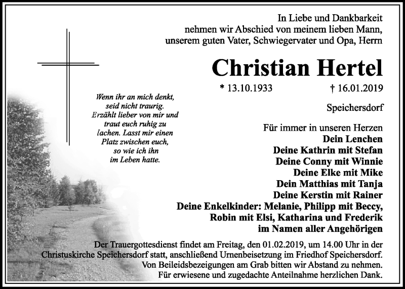 Traueranzeige für Christian Hertel vom 26.01.2019 aus Nordbayerischer Kurier