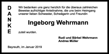 Anzeige von Ingeborg Wehrmann von Nordbayerischer Kurier