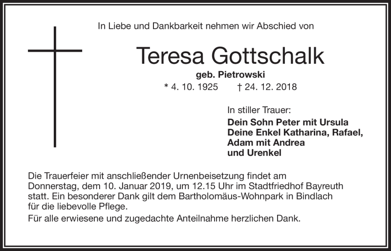  Traueranzeige für Teresa Gottschlak vom 08.01.2019 aus Nordbayerischer Kurier