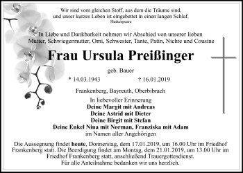 Anzeige von Ursula Preißinger von Nordbayerischer Kurier