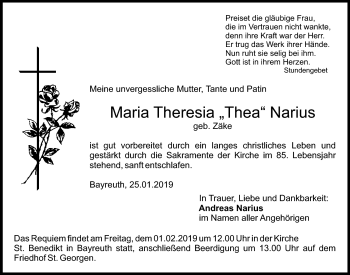 Anzeige von Maria Theresia Narius von Nordbayerischer Kurier