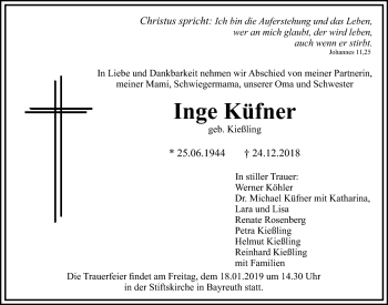 Anzeige von Inge Küfner von Nordbayerischer Kurier