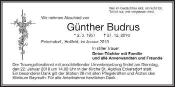 Anzeige von Günter Budrus von Nordbayerischer Kurier